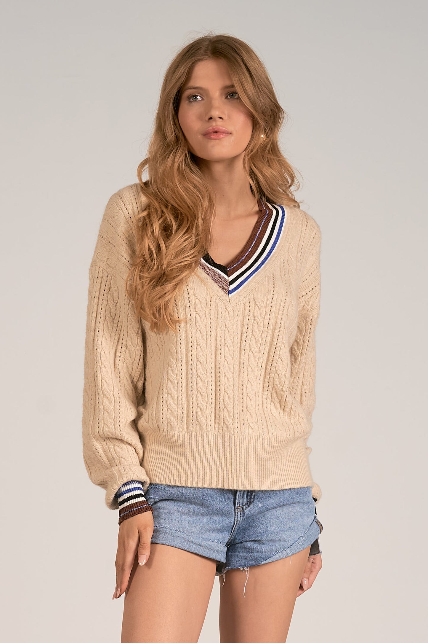 ELAN SP24 CREAM VNECK  WITH STRIPE SWEATER