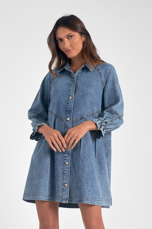 ELAN F23  Dress L/S Button Down IN DENIM