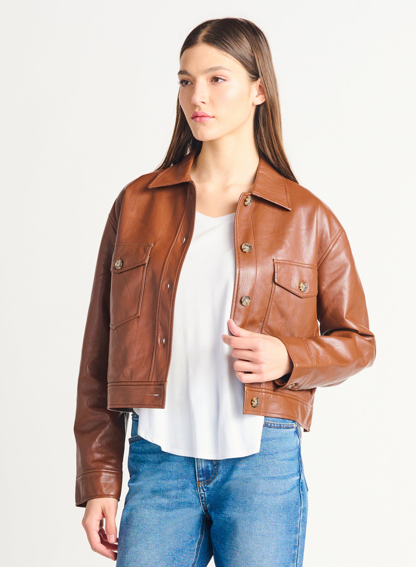 DEX F23 BUTTON FRONT FAUX LEATHER JACKET