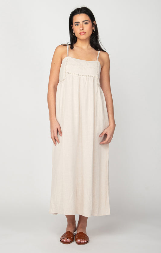 DEX SP24 LINEN BLEND MIDI DRESS IN WHEAT