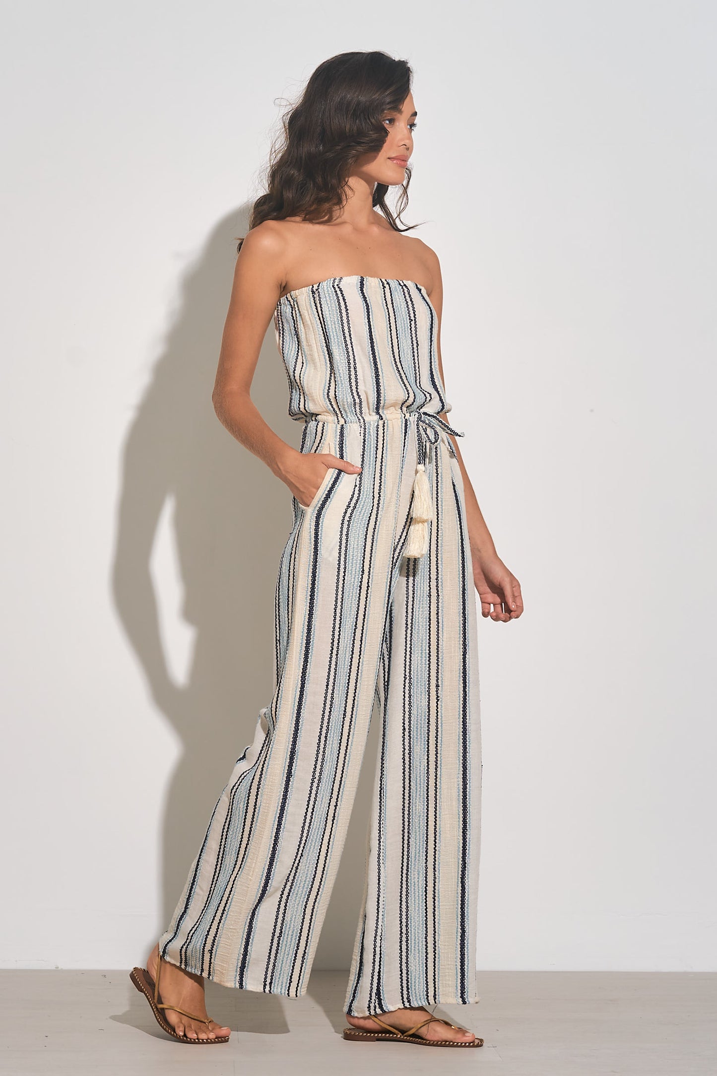 ELAN STRAPLESS JUMPER IN NATURAL BLUE STRIPE