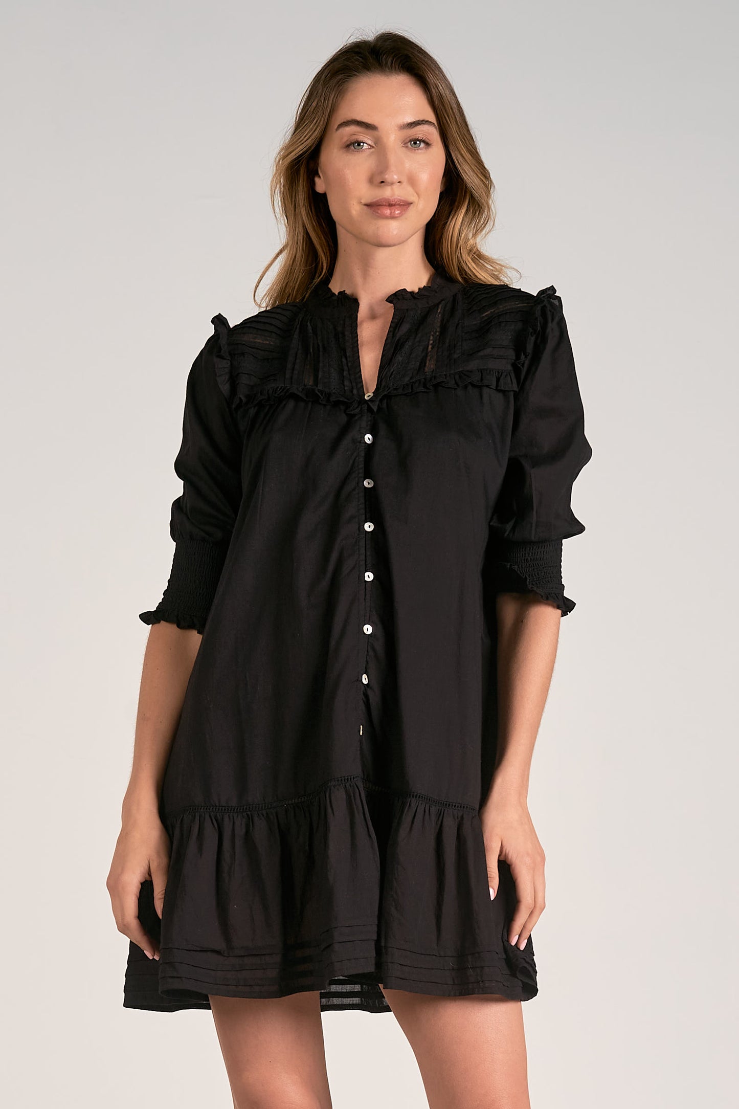 ELAN SP 24  Dress L/S Frill Button IN BLACK