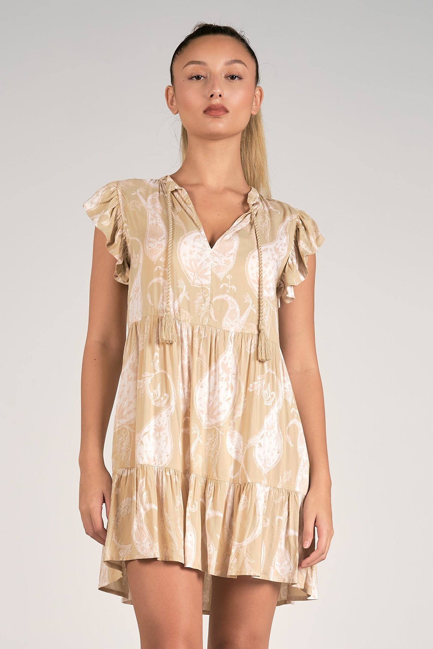 ELAN SP24 Dress Vnk Ruffle Slv IN TAUPE RIO PRINT