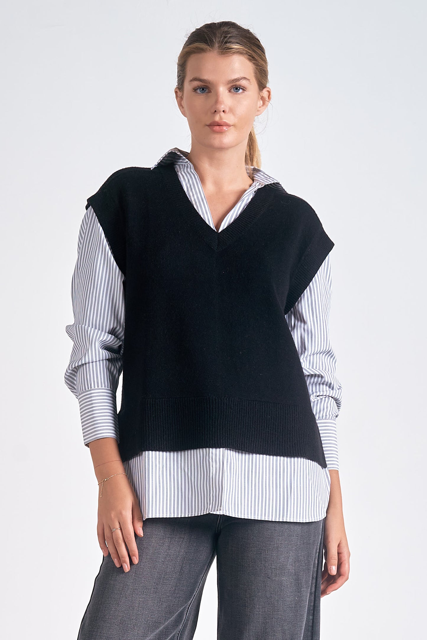 ELAN Sweater Vest/Shirt  -BLACK STRIPE