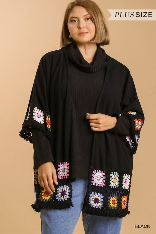 PLUS Linen Blend Open Front Color Crochet Long Sleeve Kimono