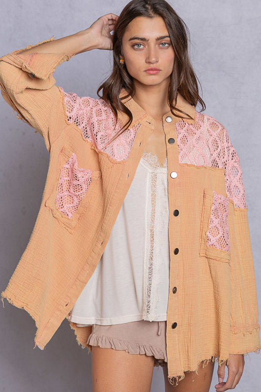 DRIED PEACH LACE CONTRAST SHIRT