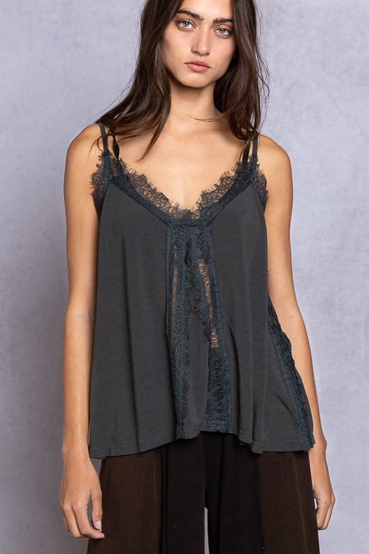 Designed in v neck sleeveless top with lace trim detailing on neck line, body, and side. 95%POLYESTER 5%SPANDEX