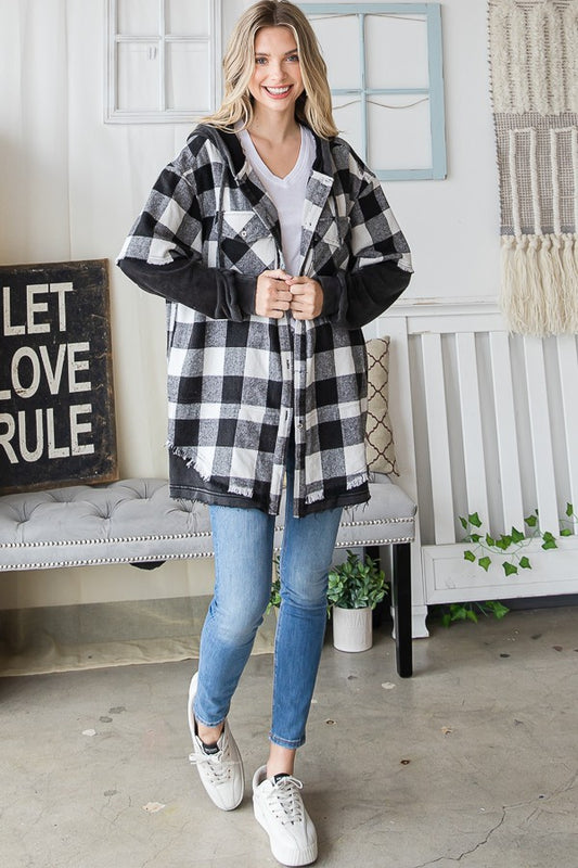 GINGHAM PRINT LAYERED LOOK KNIT HOODIE