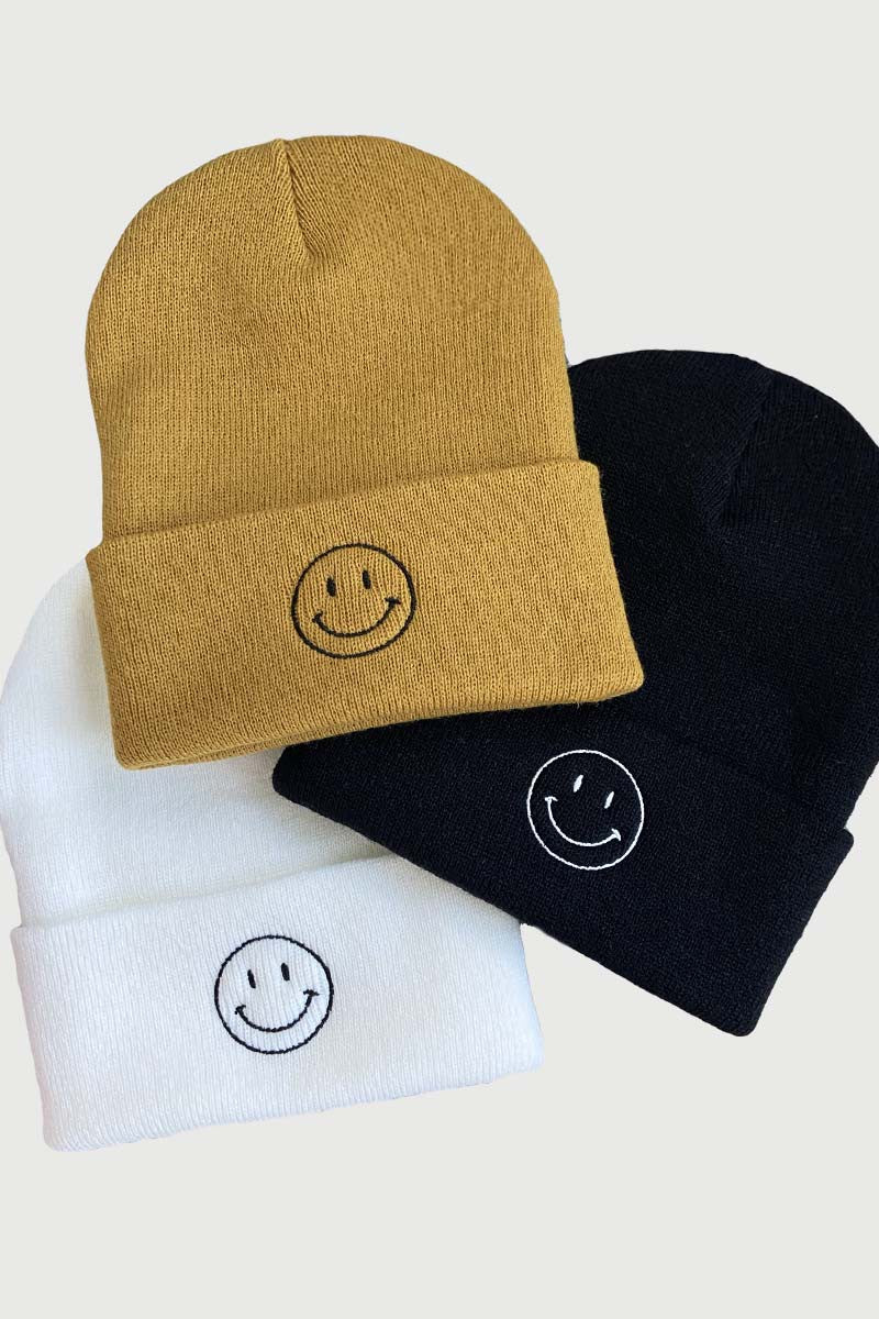 Smile Outlined embroidery beanie IN BLACK AND WHITE