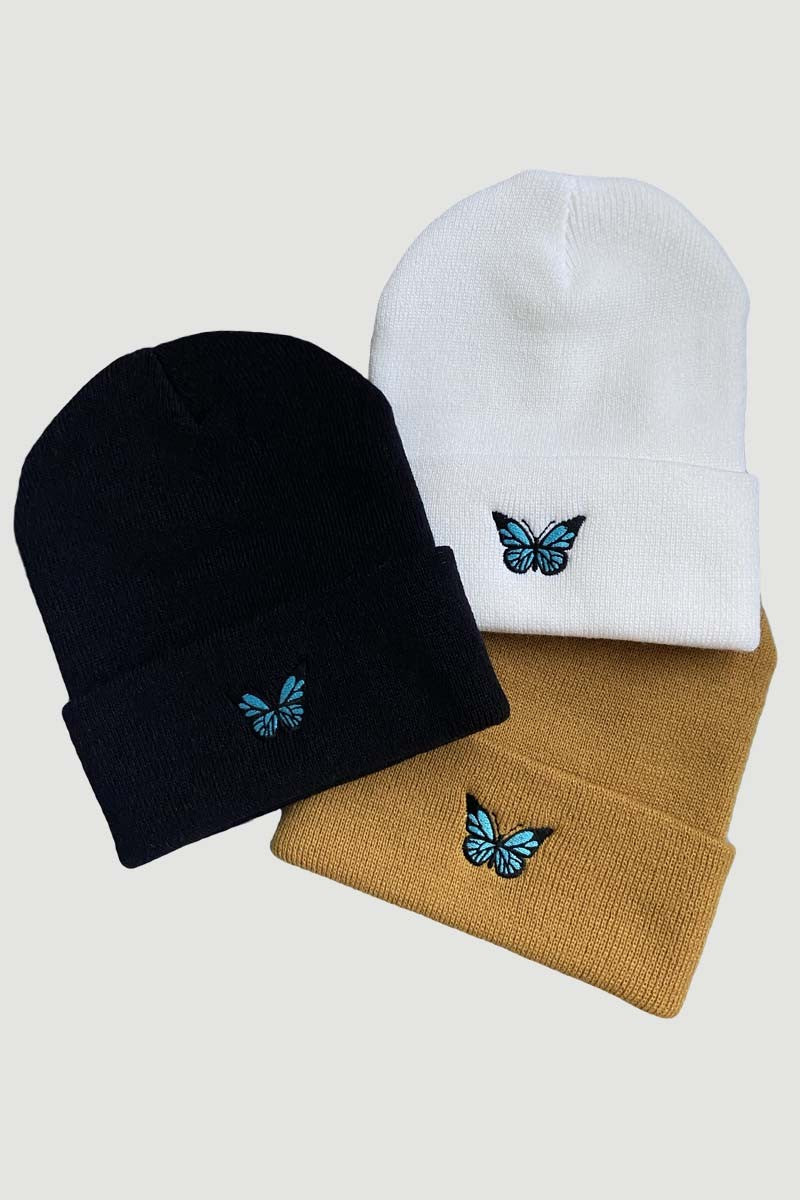 Turquoise Butterfly embroidered beanie IN BEIGE