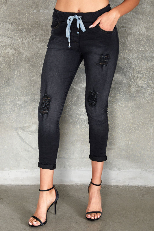 DISTRESSED DRAWSTRING DENIM CRINKLE JOGGER POCKETS