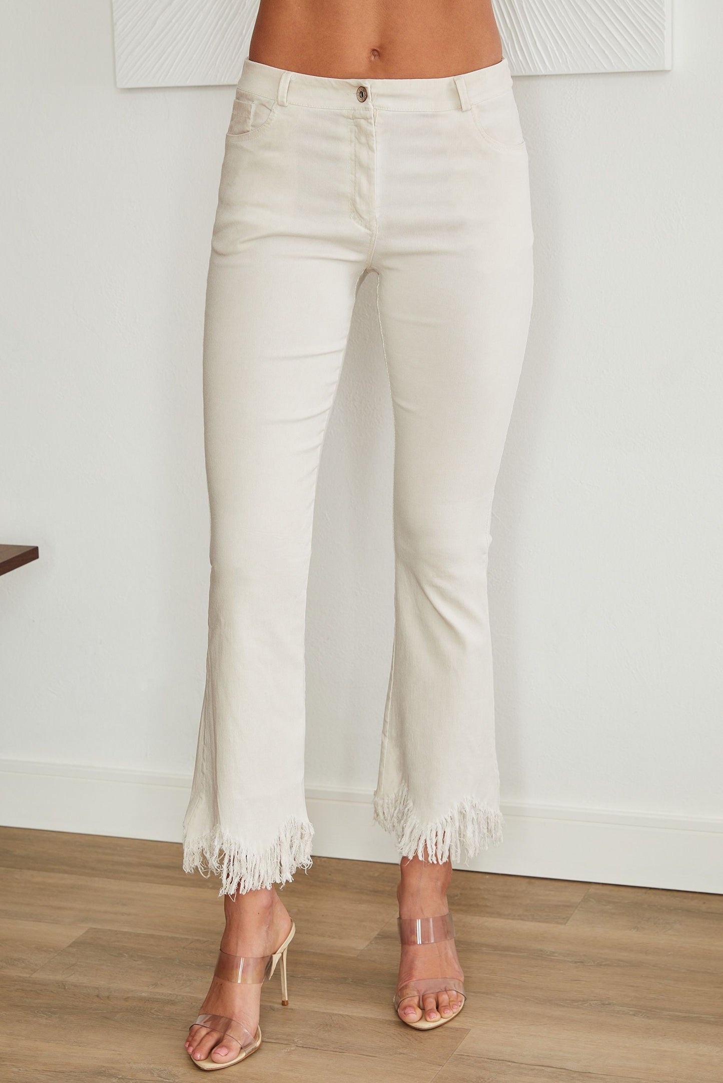 FRINGE HEM LIGHT FLARE PANTS in WHITE, BEIGE AND BLACK