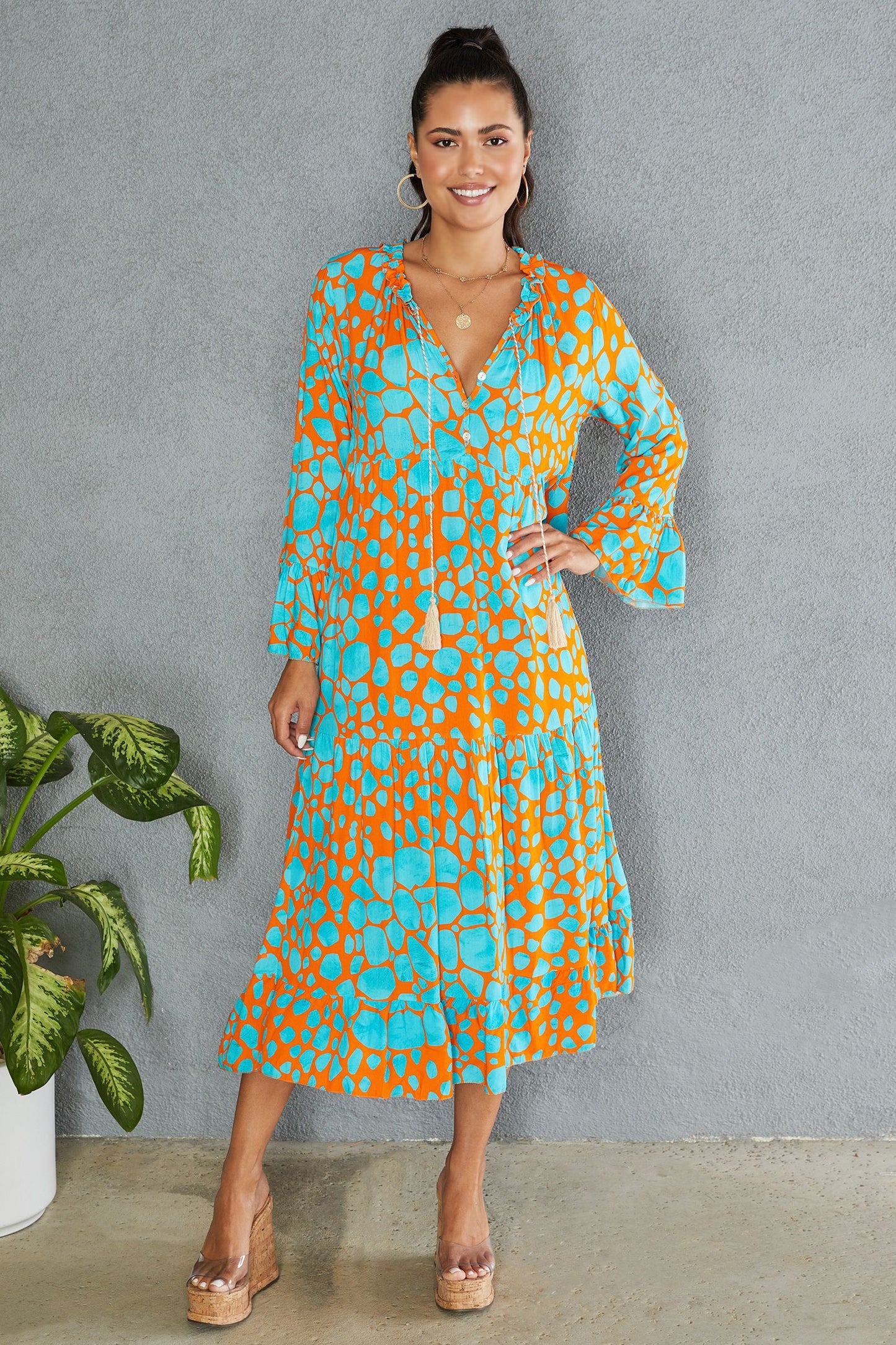 ABSTRACT DOTS PRINT A LINE MAXI DRESS IN TURQUOISE AND ORANGE