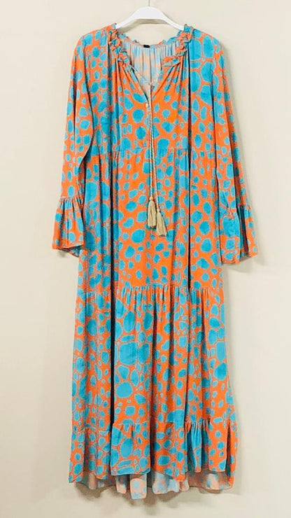 ABSTRACT DOTS PRINT A LINE MAXI DRESS IN TURQUOISE AND ORANGE