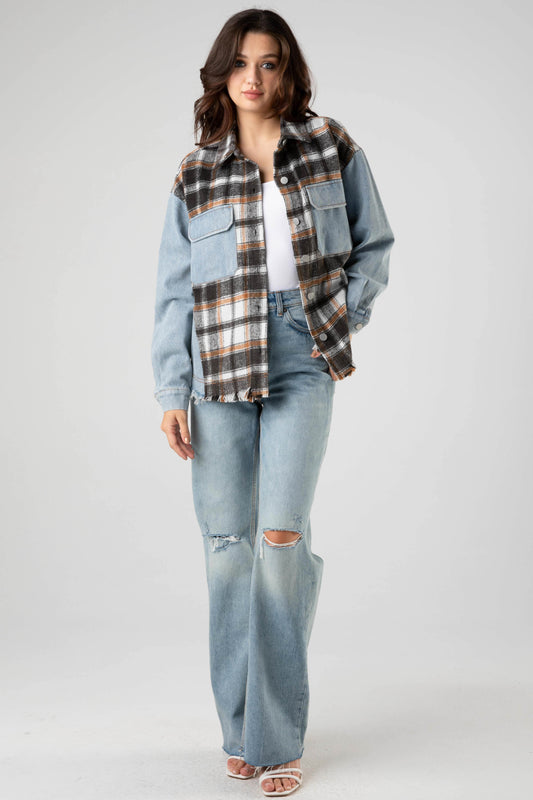 Plaid Contrast Denim Shacket