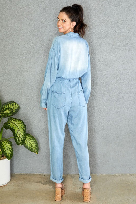 FRONT BOX POCKET LONG SLEEVE CHAMBRAY JUMPSUIT