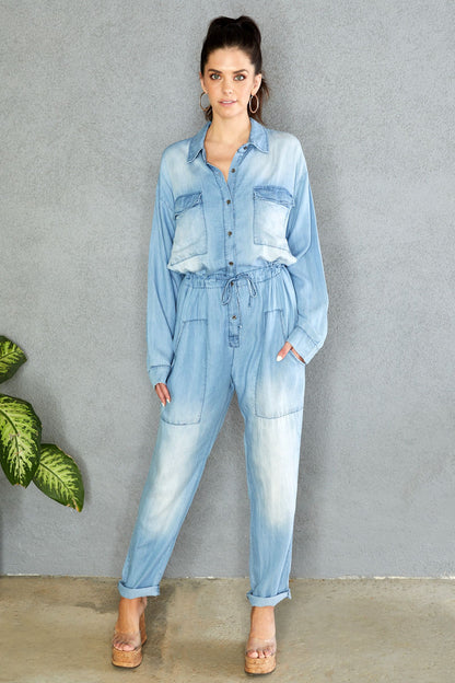 FRONT BOX POCKET LONG SLEEVE CHAMBRAY JUMPSUIT