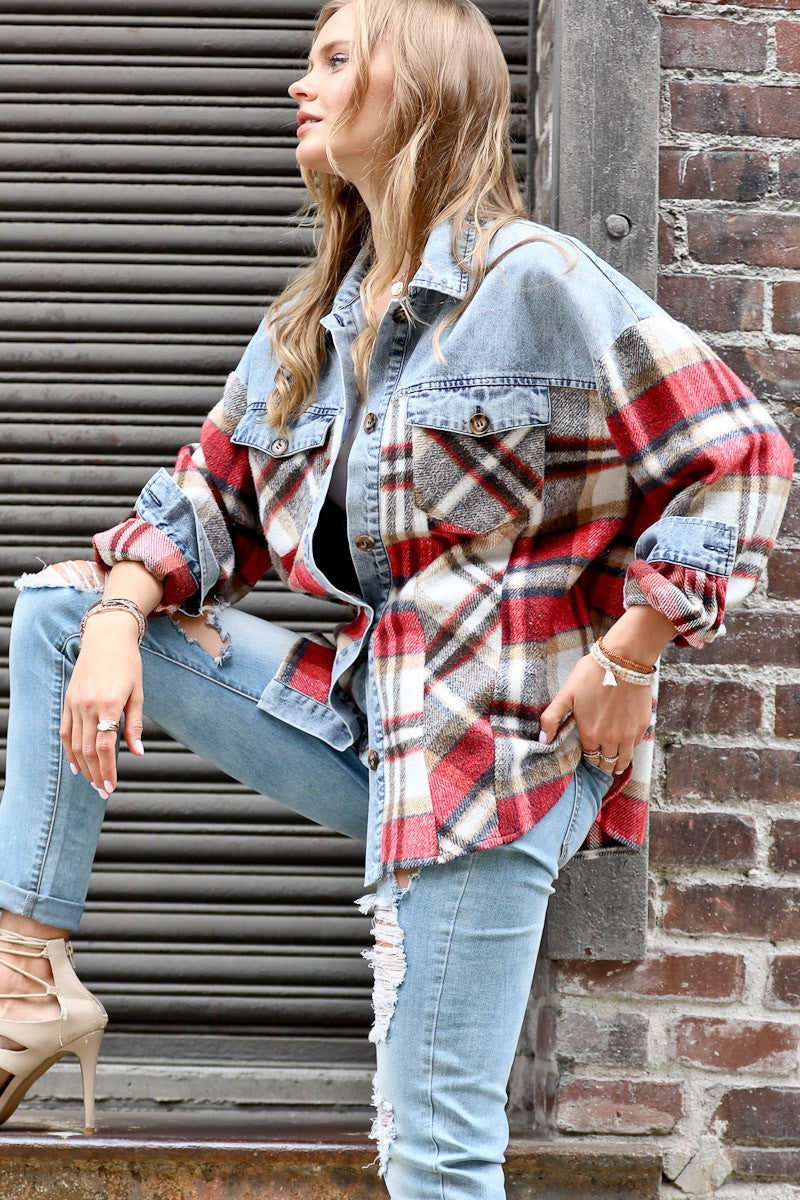 Multi color plaid w/denim contrast shacket I