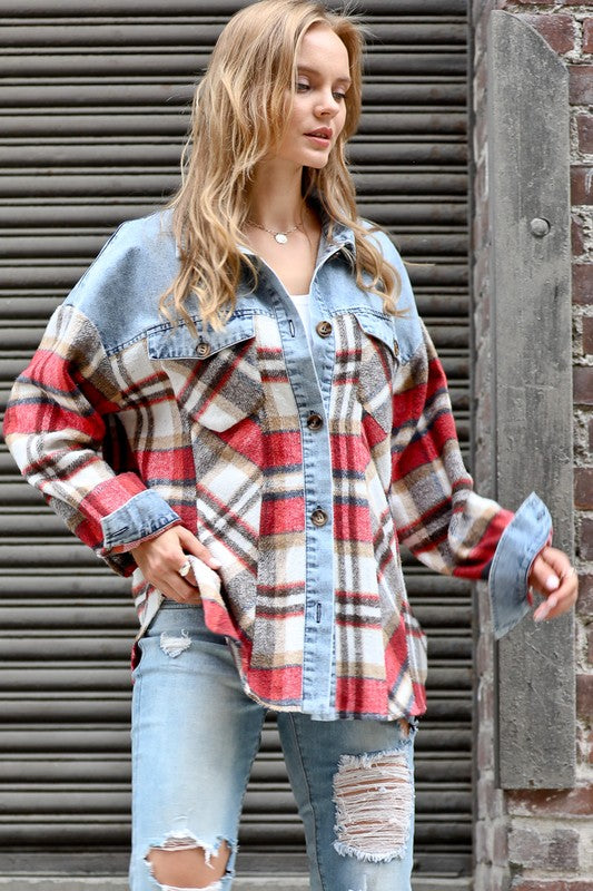 Multi color plaid w/denim contrast shacket I