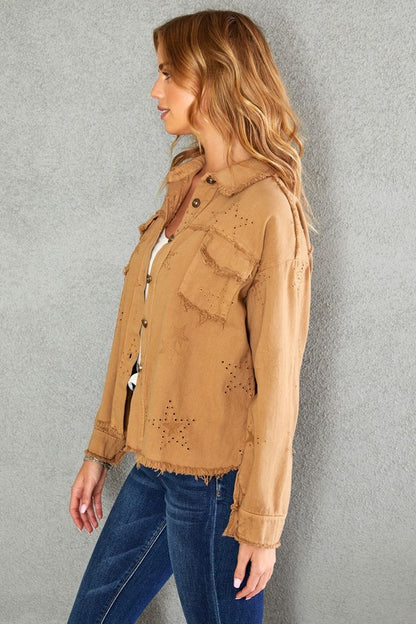 DENIM STAR EMBROIDERED EYELET L/S BUTTON DOWN JACKET in camel