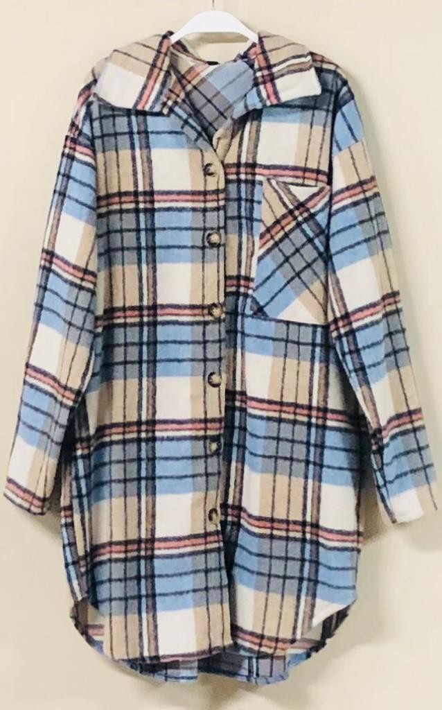 PLAID PRINT FUZZY LONG SHIRT JACKET IN SKY BLUE