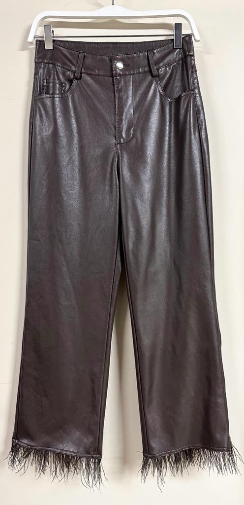 PU FEATHER HEM PANTS POCKETS  IN CHOCOLATE