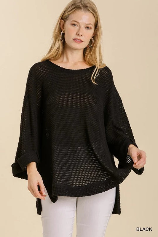 Waffle Knit 3/4 Rolled Sleeve Round Neck Top with High Low  in BLACK