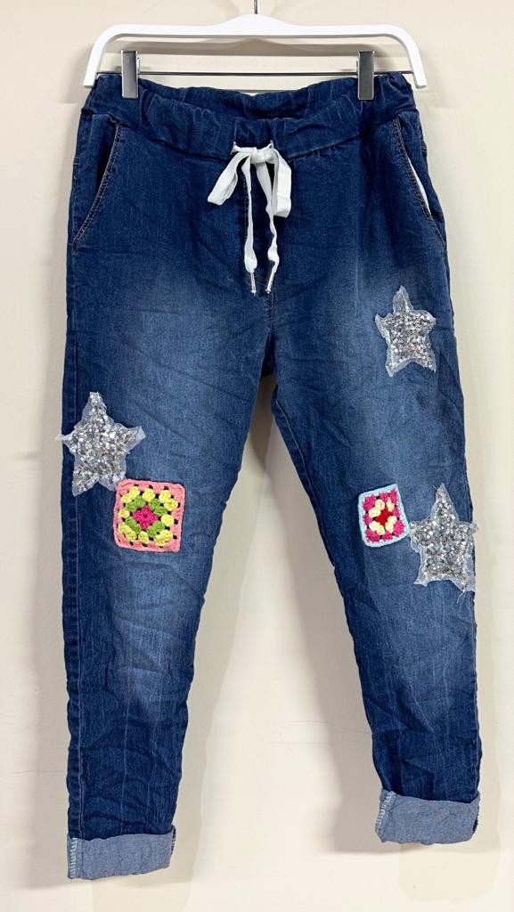 STAR SQUARE PATCHWORK CRINKLE DENIM JOGGERS