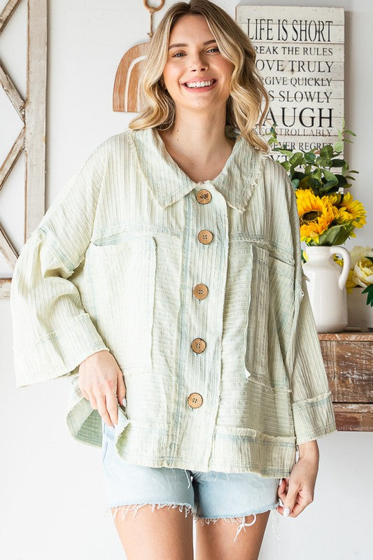 WASHED SHORT SLEEVES BOXY SHIRT  IN SAGE AND CREAM