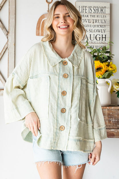 WASHED SHORT SLEEVES BOXY SHIRT  IN SAGE AND CREAM