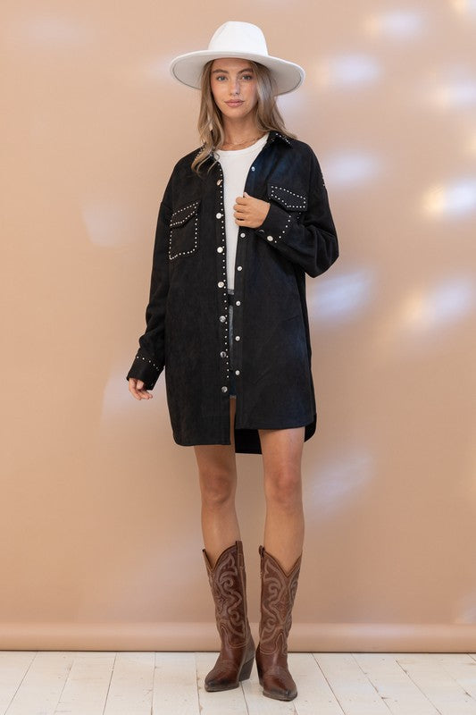 Suede Studded Oversized Snap Up Jacket