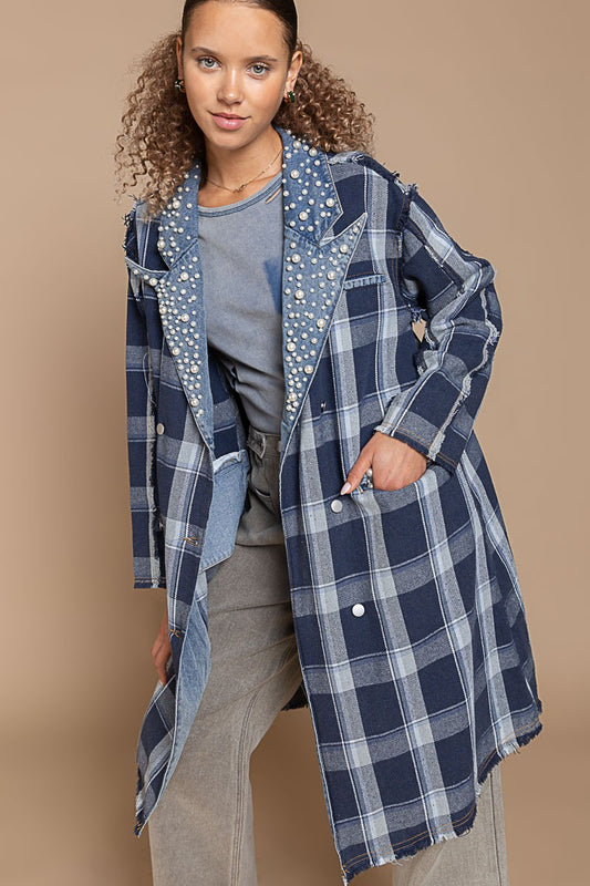 Pearl detailed Plaid Long Blazer