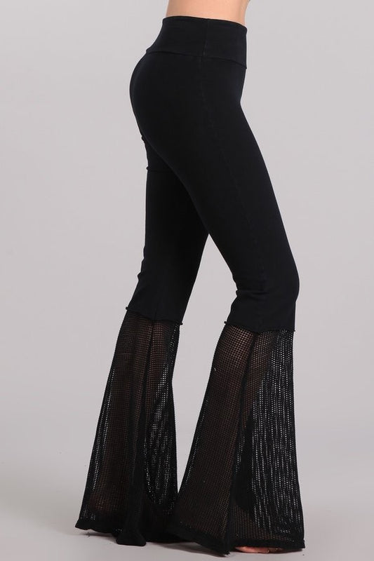 BLACK pants with banded waist and flared mesh hem.