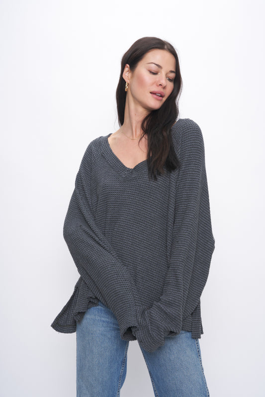 PROJECT SOCIAL T ROSALITA COZY THERMAL V NECK MIDNIGHT FOREST