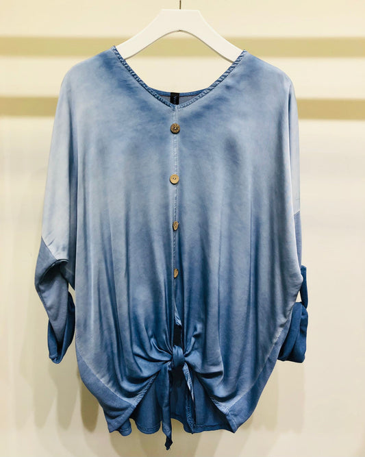 V NECK BUTTON TIE FRONT HEM KNIT OVERSIZED TOP IN BLUE