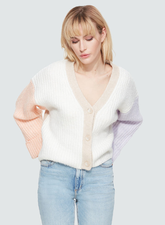 DEX SP23 DROP SHOULDER CARDIGAN IN PEACH PURPLE COLORBLOCK