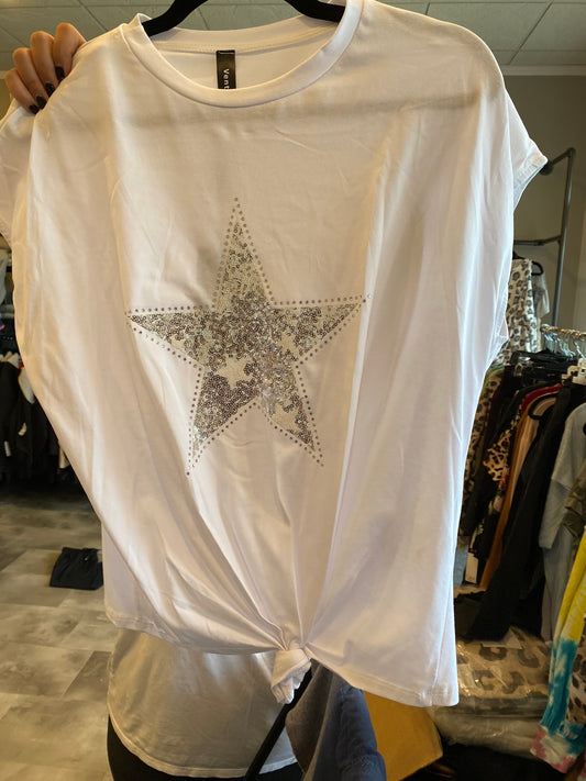 SEQUIN STAR FRONT CAP SLEEVE CREW NECK TOP