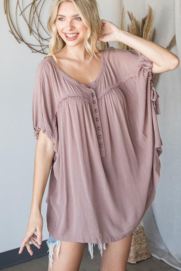 Mineral washed shirred front button down oversized top IN MAUVE