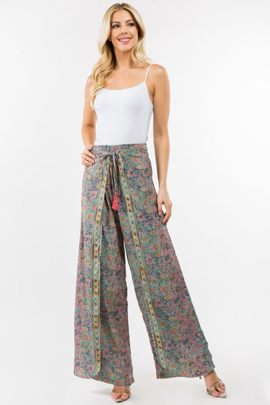 METALLIC PRINT FAUX WRAP PANT