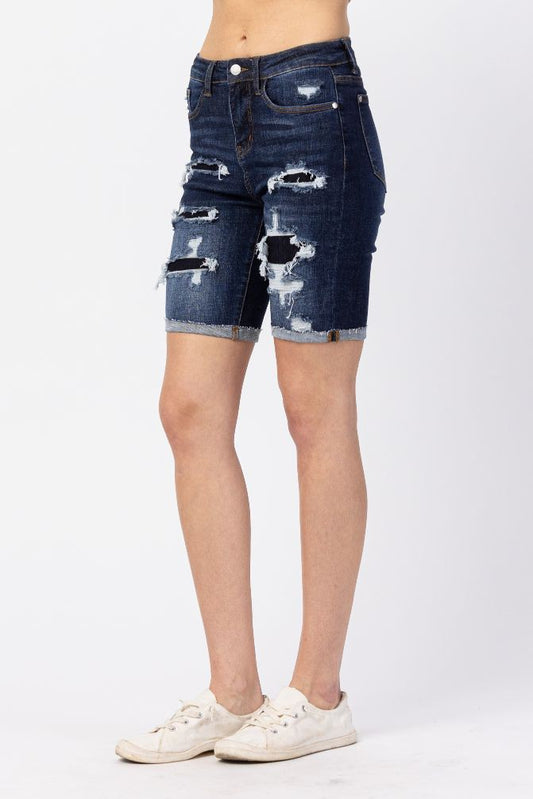 JUDY BLUE Hi Rise Patch Destroy Bermuda SHORTS