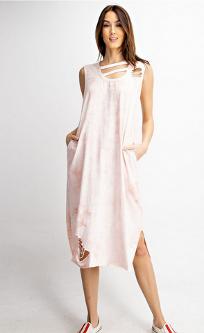 DISTRESSED TIEDYE MIDI DRESS IN FADED CORAL