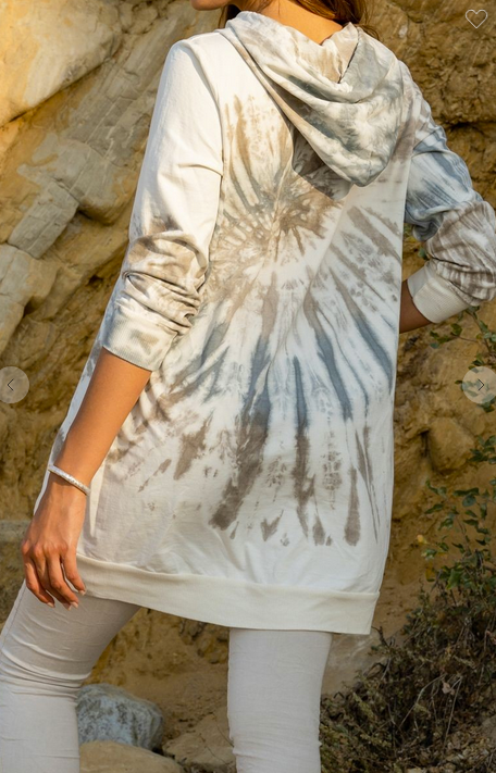 SPIRAL TIE DYE LONG HOODIE WITH FRONT POCKET IN CAMEL/GREY/ WHITE