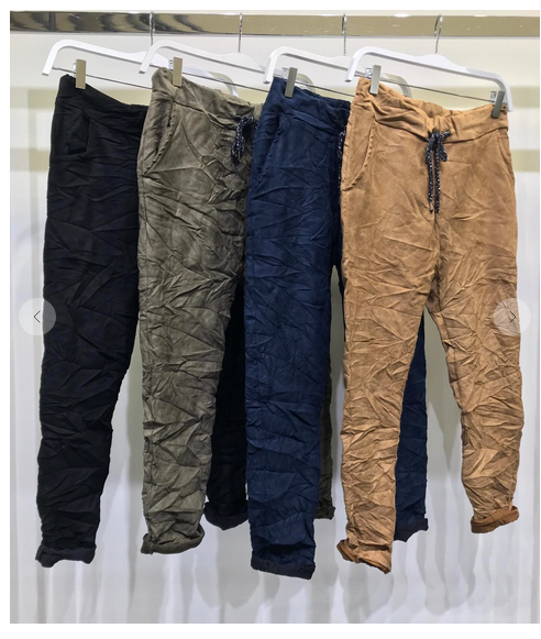 SUEDE SOLID CRINKLE JOGGER IN GREEN, BLACK, CAMEL, NAVY