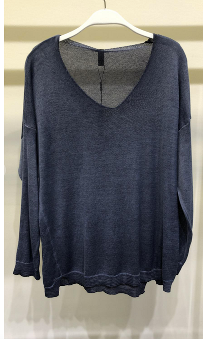 LIGHT KNIT V NECK LONG SLEEVE SWEATER TOP in navy