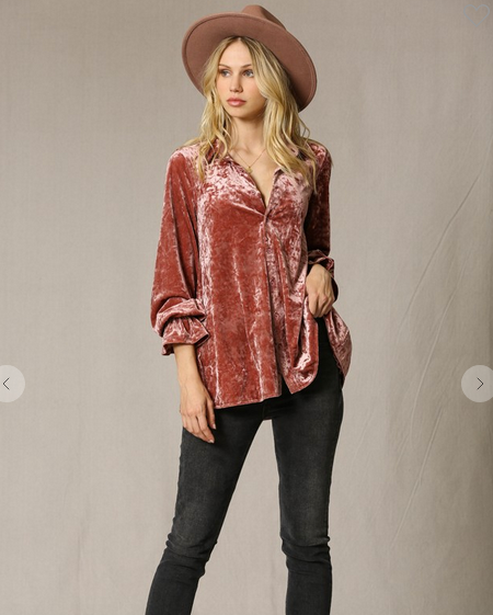 Crushed velvet collared tunic button down top