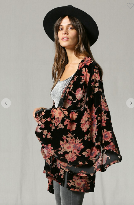 Ruffled detailed slv floral velvet burnout kimono