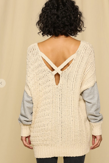 X Back Cable Knit 2 tone Pullover Sweater