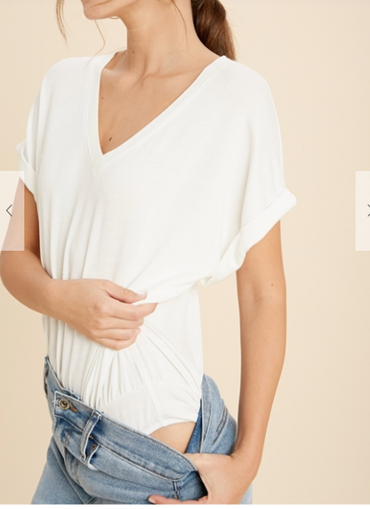 V NECK BASIC BODYSUIT IN WHITE