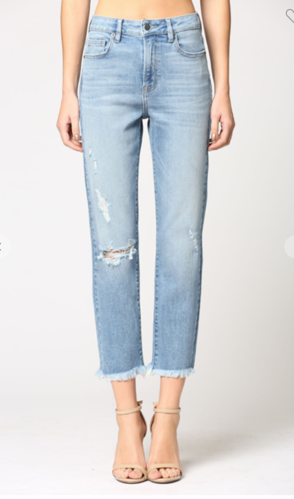 HIDDEN HIGH RISE MOM JEANS WITH FRAY HEM