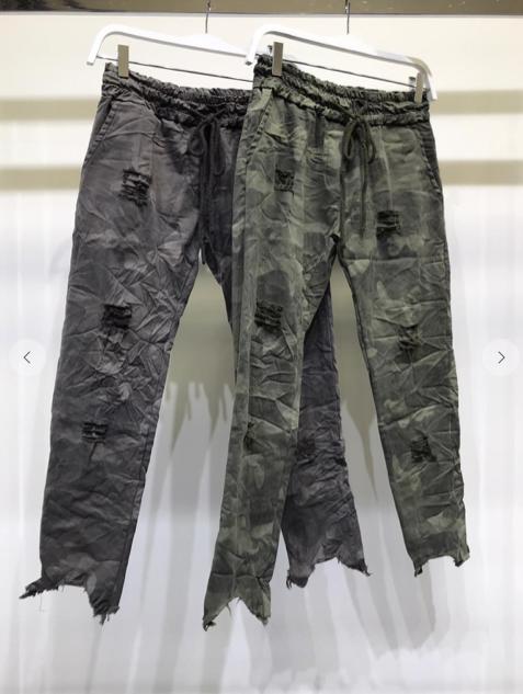 CAMO DESTROYED SQUARE PATCH CUT OUT CRINKLE JOGGER IN GREEN OR MOCHA